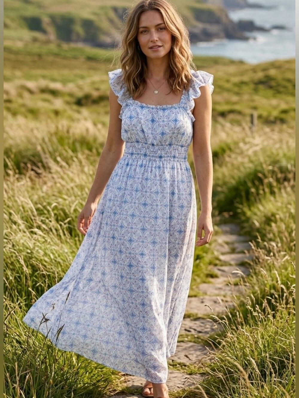 ​WILD SKYE Blue White Floral Smocked Maxi Dress Ruffle Strap Boho